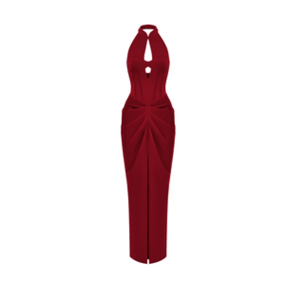 Rasario Draped Satin Long Midi Dress With Cutout