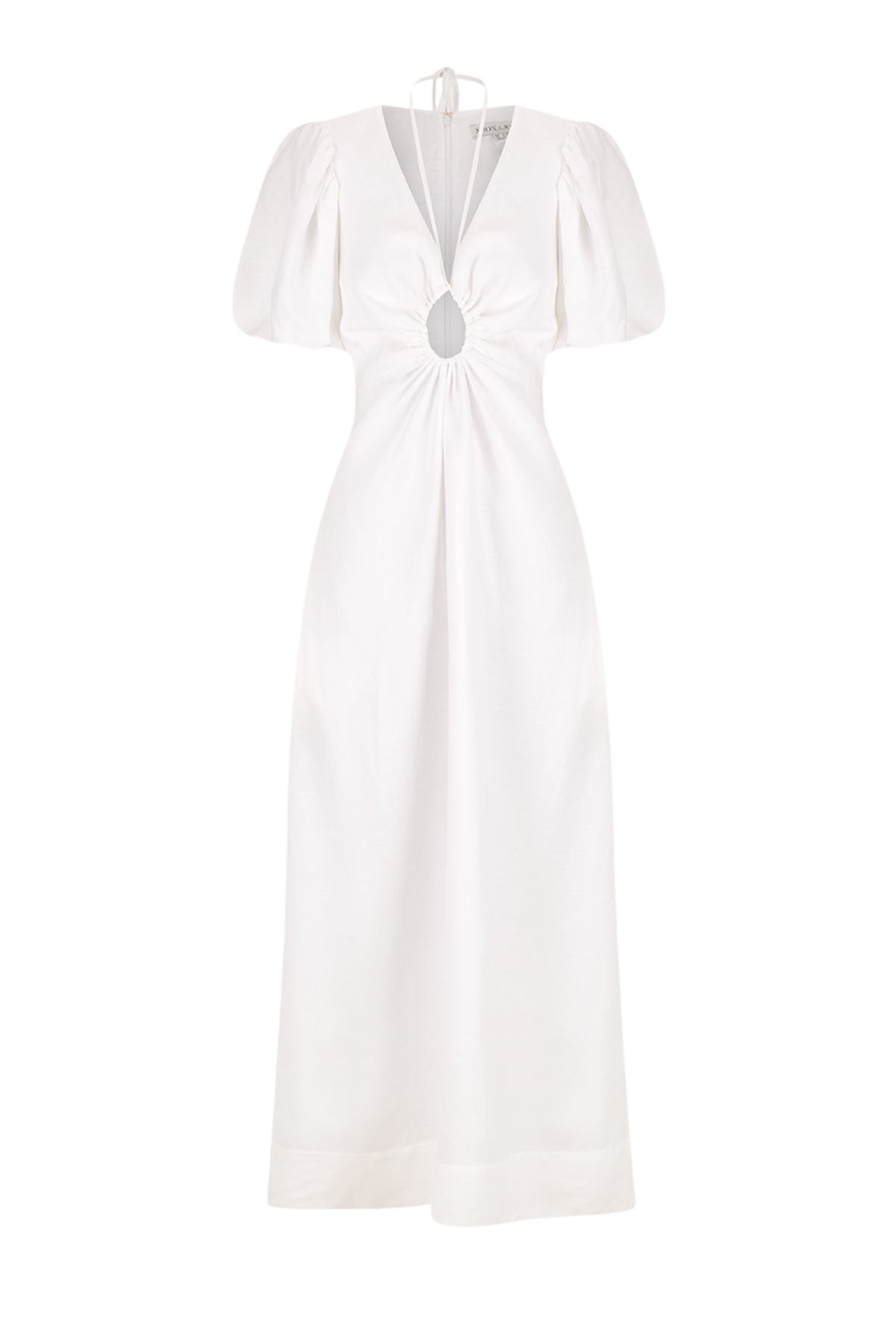 Shona Joy Blanc Linen Ruched Keyhole Midi Dress