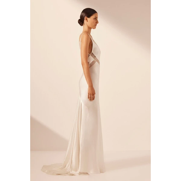 Shona Joy La Lune Cumulus Silk Plunged Lace Maxi Dress - Ivory