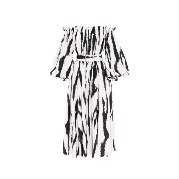Leo Lin Sarah Off Shoulder Midi Dress Tiger Print in White44754 nobg