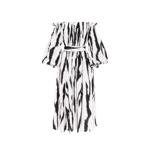 Leo Lin Sarah Off Shoulder Midi Dress Tiger Print in White44754 nobg
