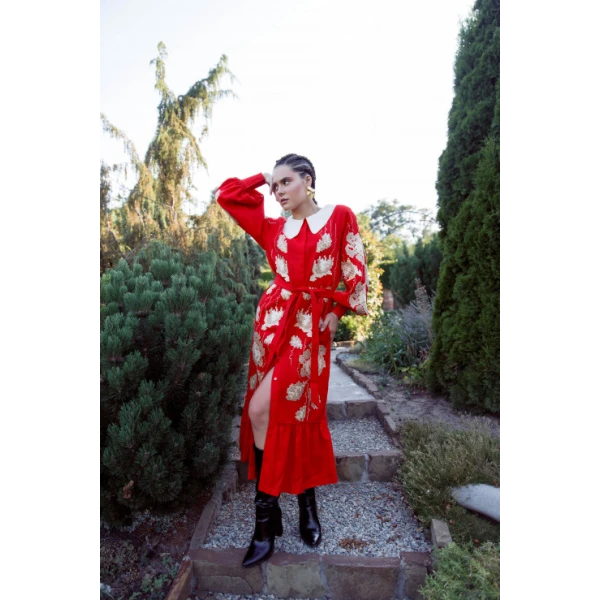 Adele Red Midi Dress With Collar - Image 8