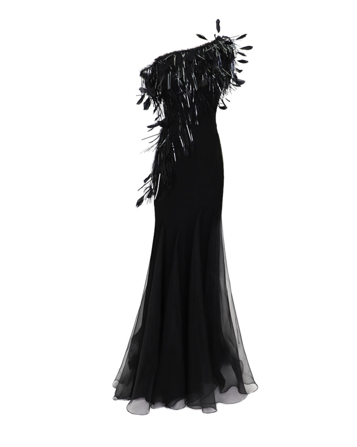 Gemy Maalouf Asymmetrical Feather Neckline Dress