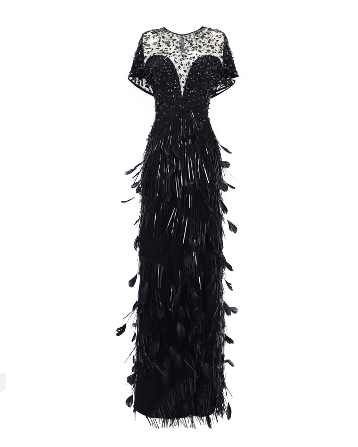 Gemy Maalouf Beaded Corset Slim-Cut Feather Dress
