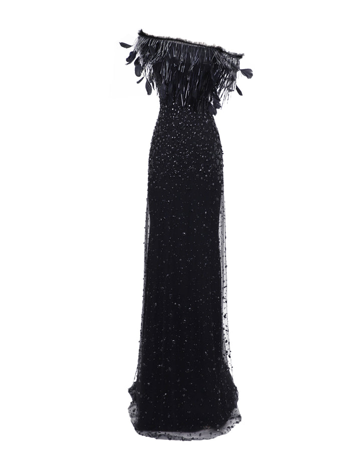 Gemy Maalouf Fully Beaded Dress With Feathers