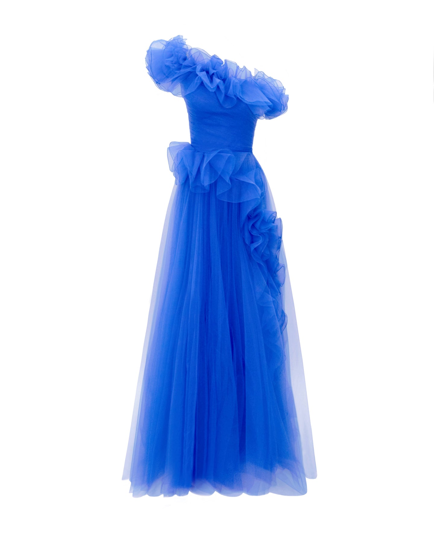 Gemy Maalouf Royal Blue Ruffled Neckline Dress