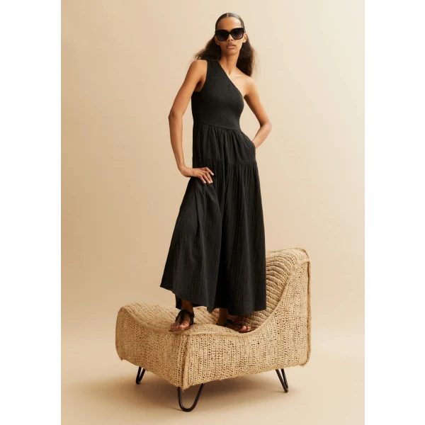 Cheesecloth Shirred One Shoulder Maxi Dress - Image 6
