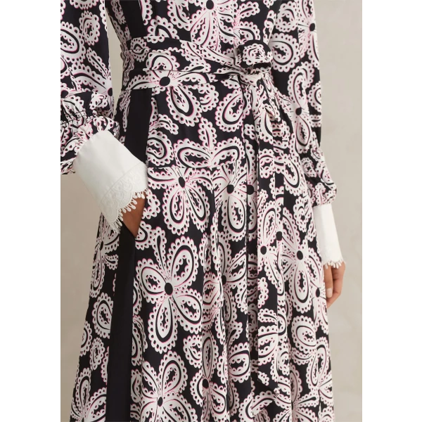 Lace Flower Print Color Block Shirt Midi Dress + Belt - Image 5