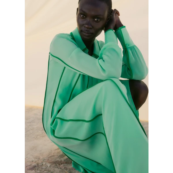 Silk Contrast Binding Maxi Shirt Dress + Belt - Image 5