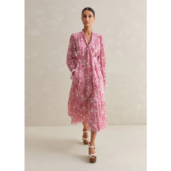 Silk Cotton Flower Print Midi Dress with Belt - Image 5