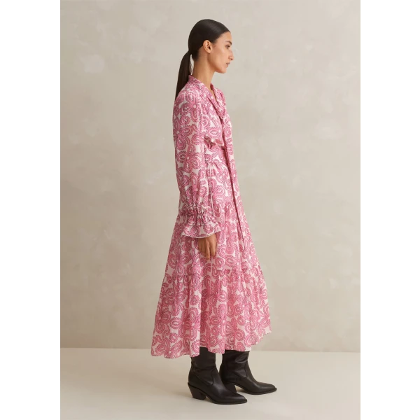 Silk Cotton Flower Print Midi Dress with Belt - Image 6