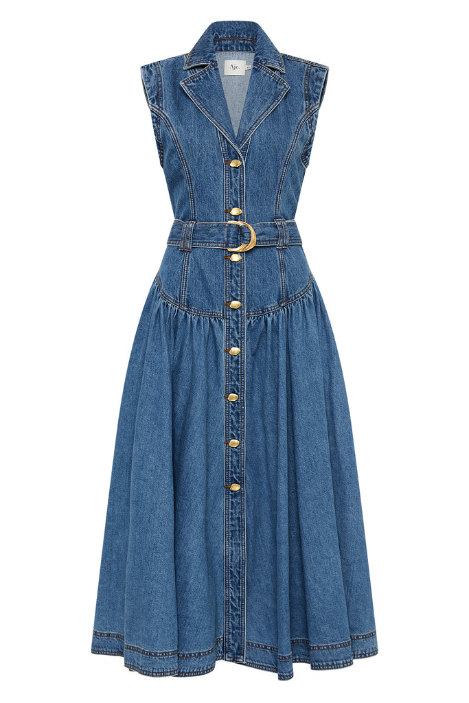 Aje Elena Belted Denim Midi Dress