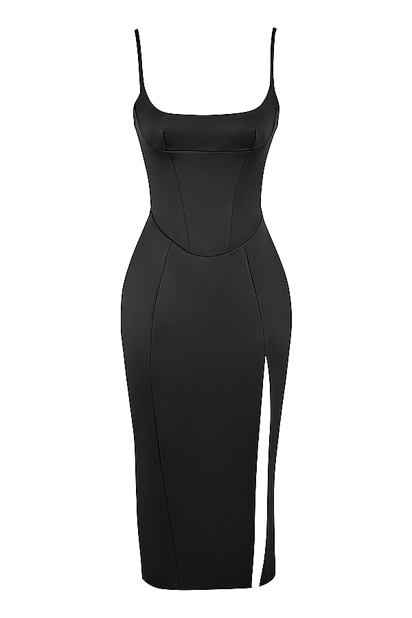 House of CB Casimira Black Satin Corset Midi Dress