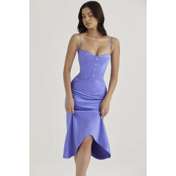 Imogen Periwinkle Satin Corset Midi Dress - Image 6