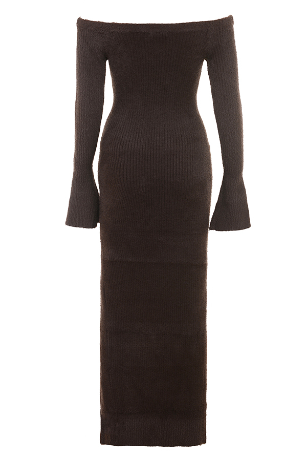 House of CB Lucena Espresso Knit Off Shoulder Dress