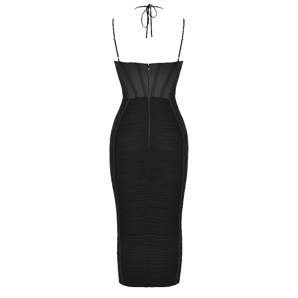 Maya Black Ruched Midi Dress - Image 10