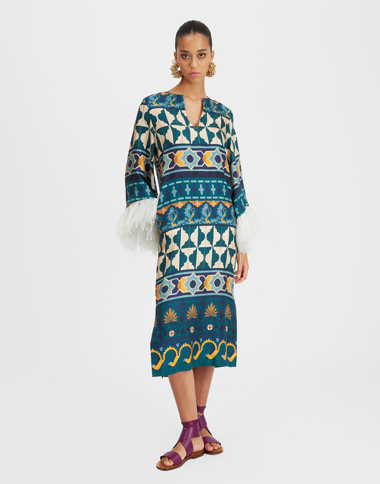 La DoubleJ The Kaftan Casareale Placèe Emerald in Silk Twill With Feathers