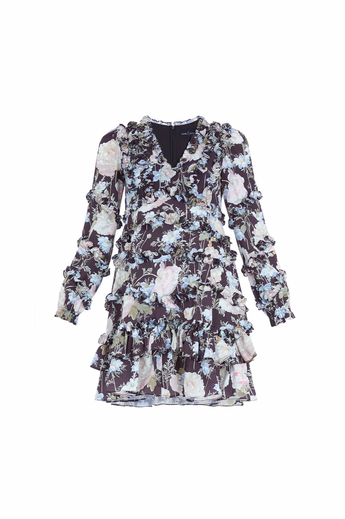 Needle and Thread Moonlight Petals V-Neck Crepe Micro Mini Dress