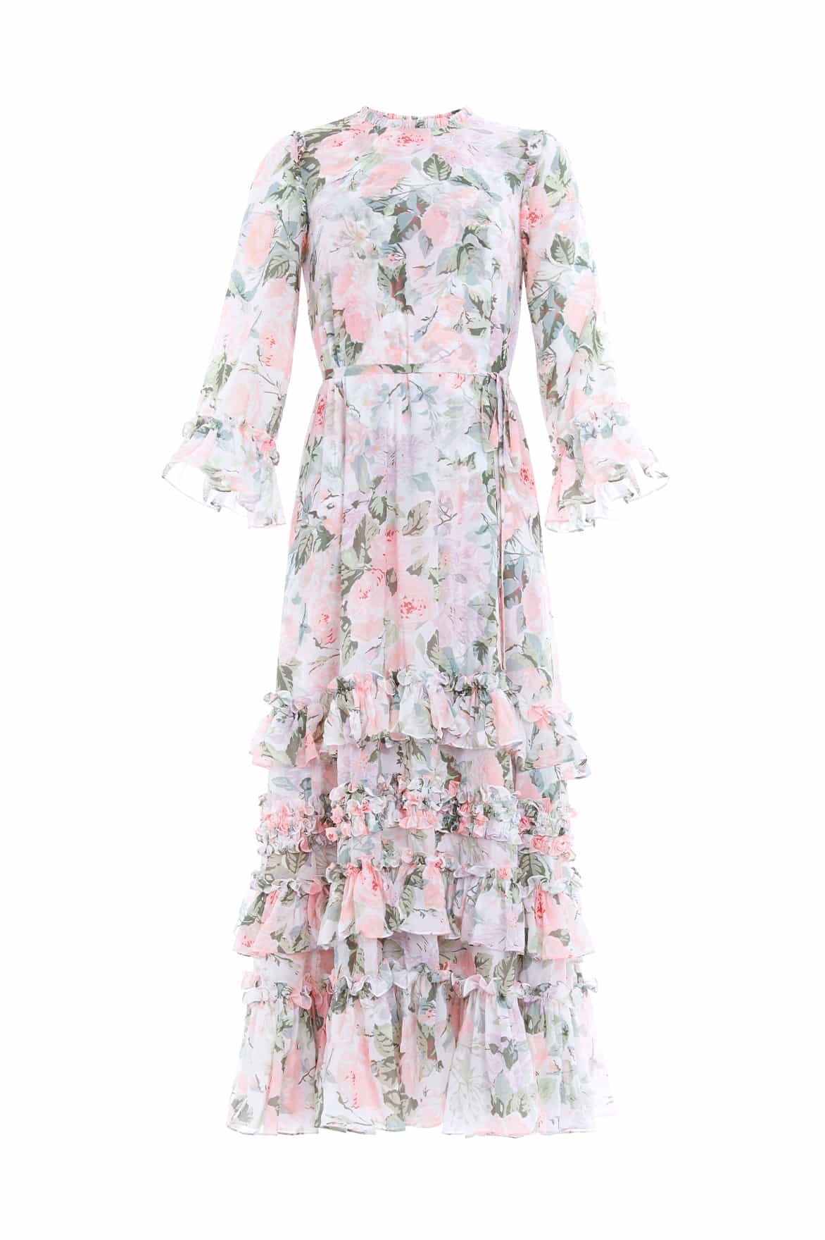 Needle and Thread Rose Powder Chiffon Round Neck Ankle Gown