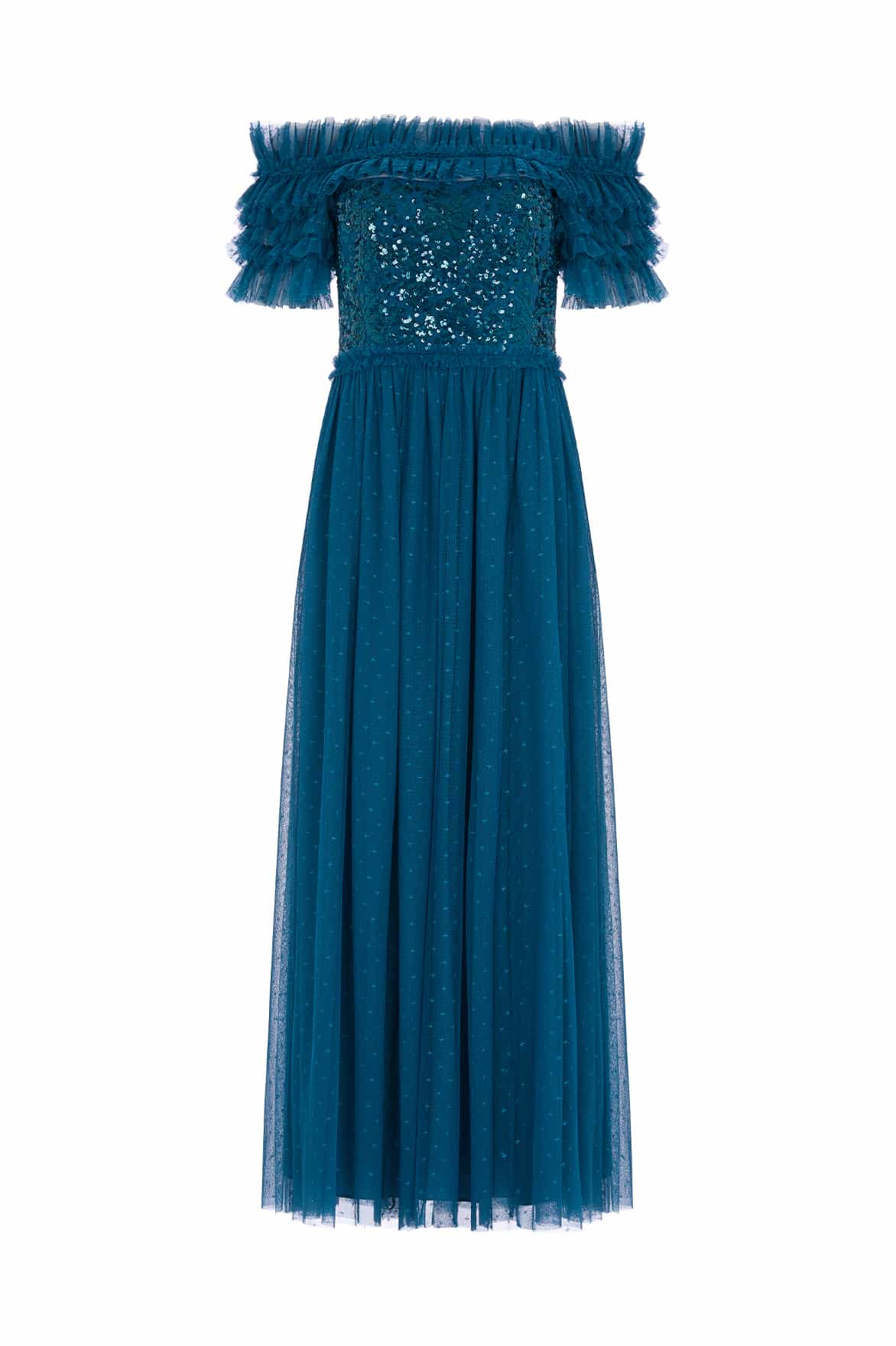 Needle and Thread Sequin Wreath Bodice Off-Shoulder Ankle Gown