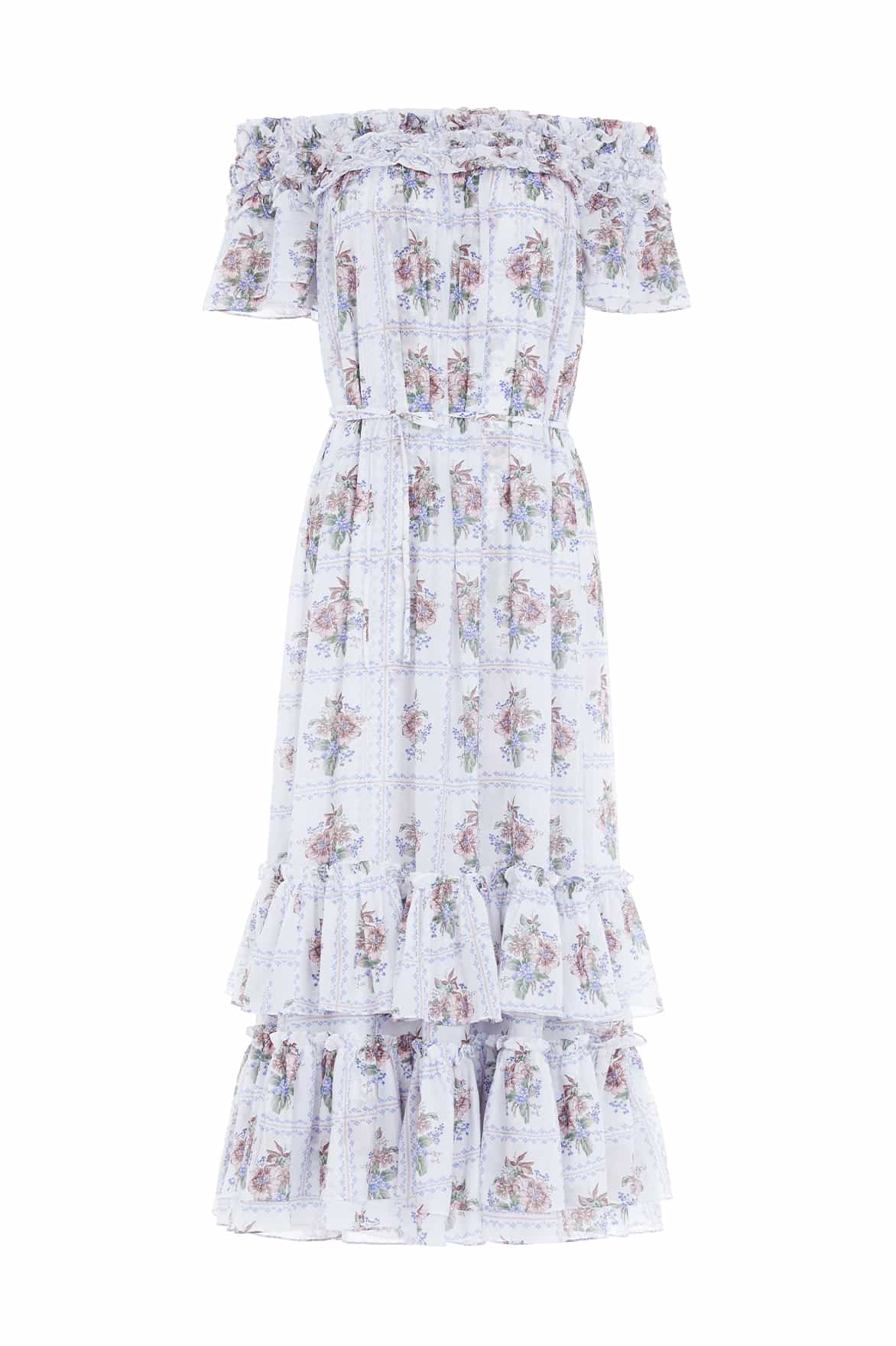 Needle and Thread Tiled Blooms Chiffon Off-Shoulder Ankle Gown