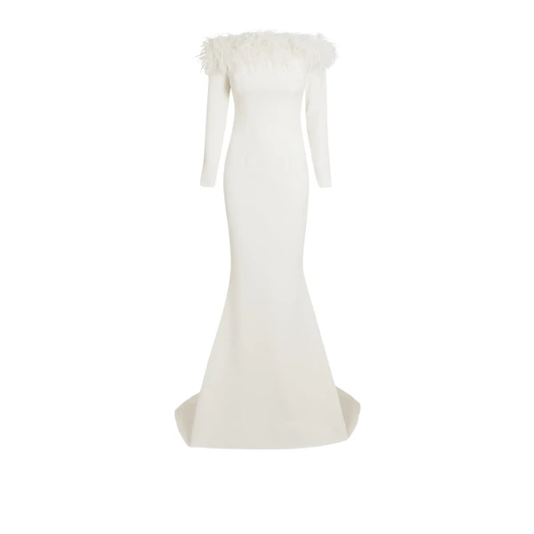 Starlana Ivory Feather-Trimmed Long Dress