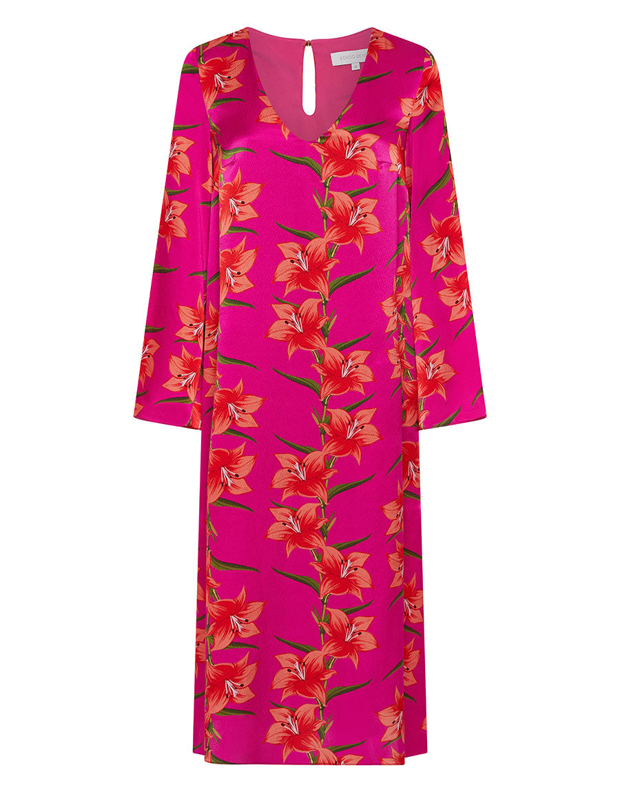 Borgo de Nor Phoenix Hammered Satin Midi Dress  Lily Fucshia