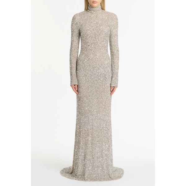 Ivory Crushed Sequin Sleeved Gown - Image 2