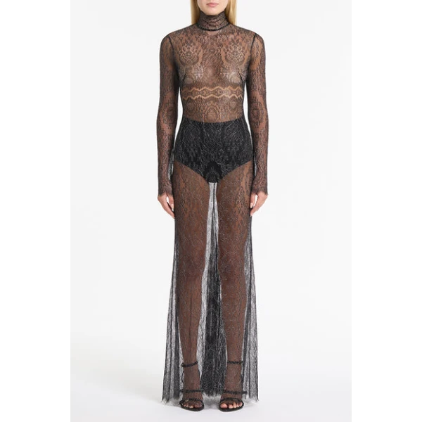 Black Chantilly Lace Sleeved Gown - Image 2