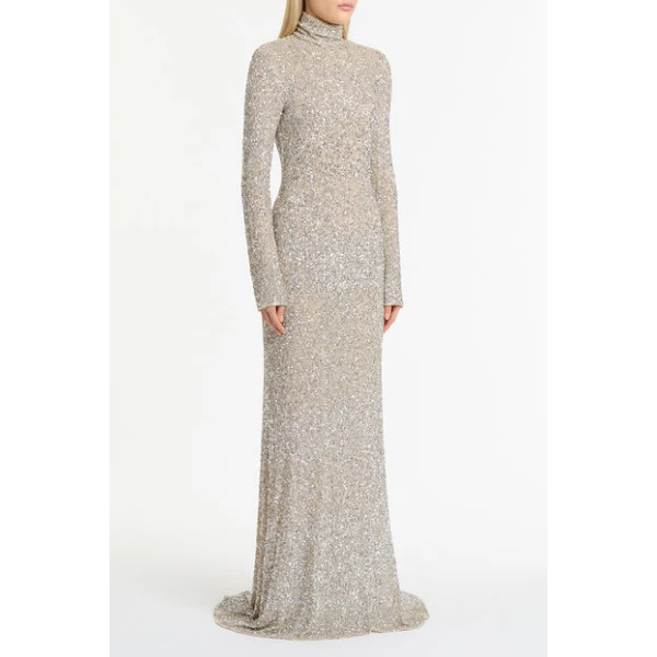 Ivory Crushed Sequin Sleeved Gown - Image 4