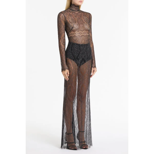 Black Chantilly Lace Sleeved Gown - Image 4
