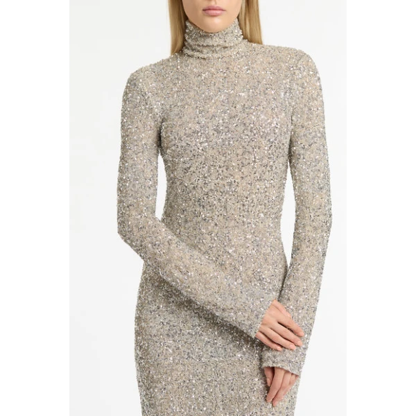 Ivory Crushed Sequin Sleeved Gown - Image 5