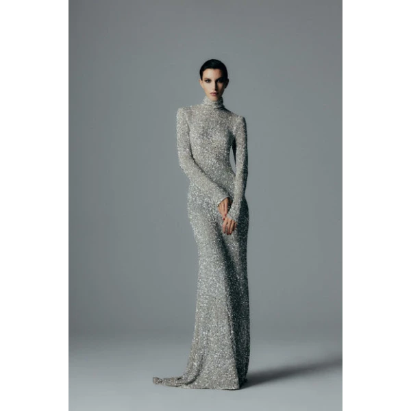 Ivory Crushed Sequin Sleeved Gown - Image 6