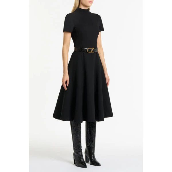 Black Crepe Cravatta Flared Dress - Image 4