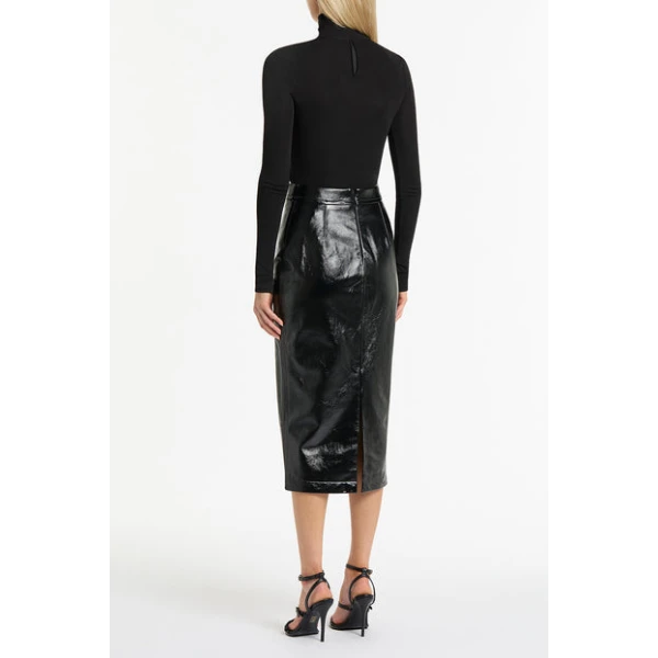 Black Lustro Leather Midi Skirt - Image 3