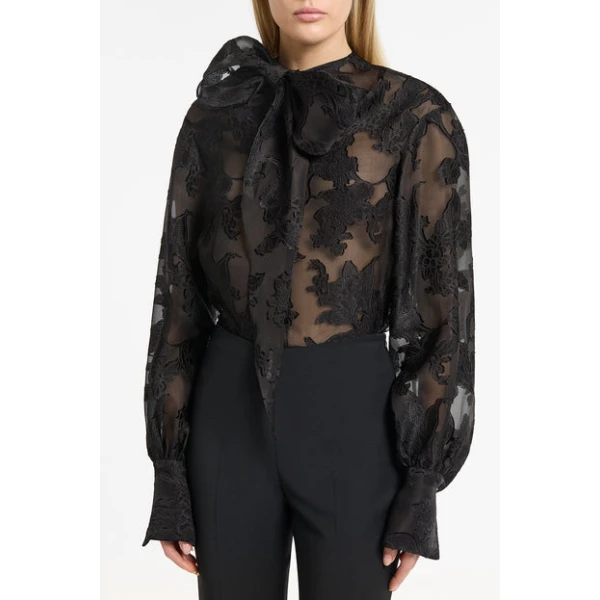 Black Silk Jacquard Striscia Blouse - Image 5