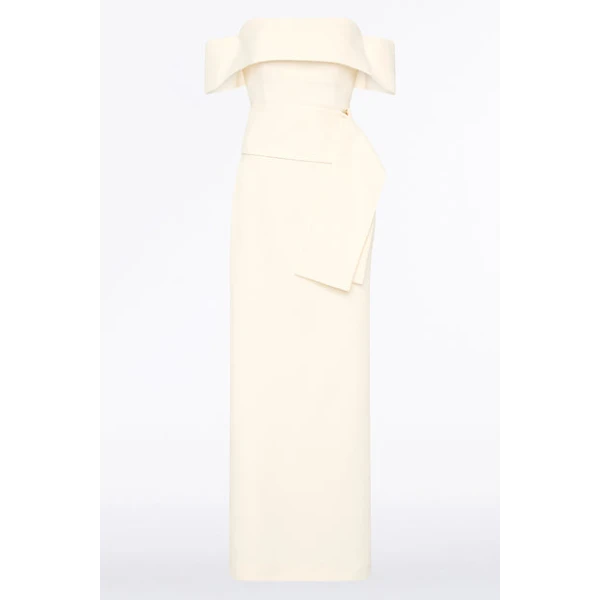 Ivory Crepe La Banda Off Shoulder Gown - Image 4
