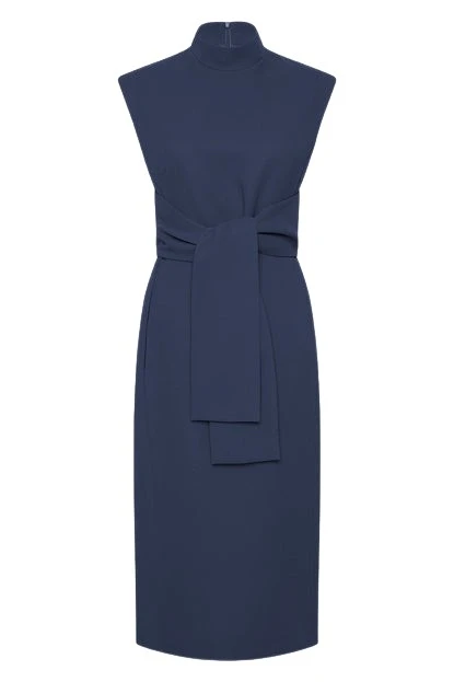 Carla-Zampatti-Navy-Crepe-Striscia-Dress60450_nobg Navy Crepe Striscia Dress - Image 1