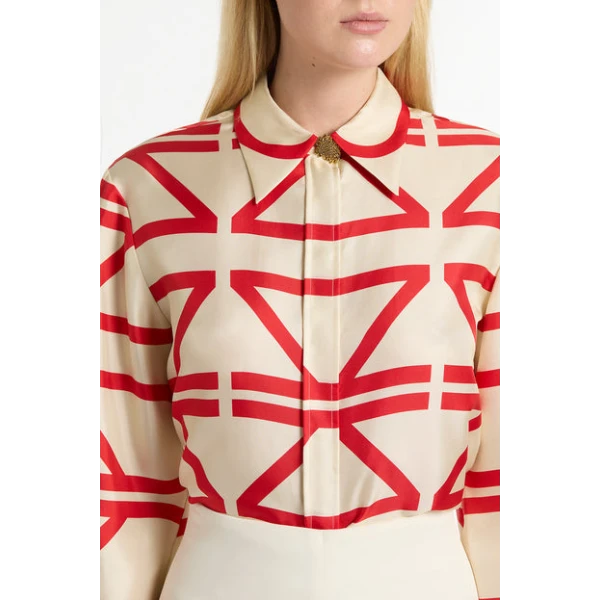 Red Logo Grid Silk Twill Relaxed Shirt - Image 5