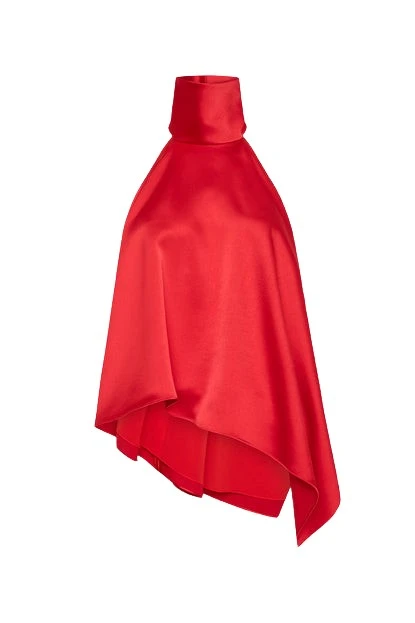 Carla-Zampatti-Red-Satin-Draped-Halter-Top58647_nobg Red Satin Draped Halter Top - Image 1