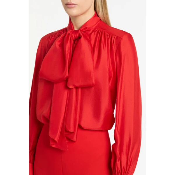 Red Silk Twill Bow Blouse - Image 5