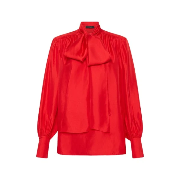 Red Silk Twill Bow Blouse
