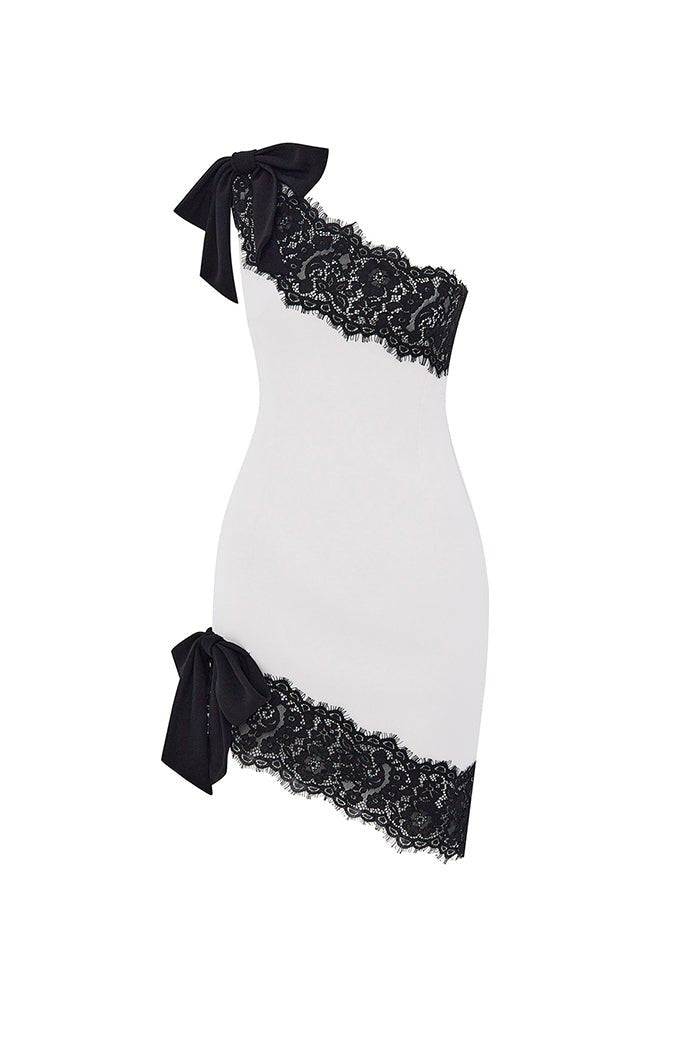 Rasario Asymmetric Crepe And Lace Mini Dress With Bows