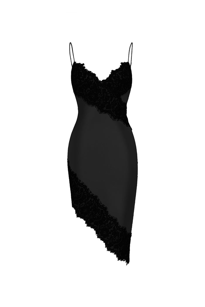 Rasario Asymmetric Satin And Lace Mini Dress