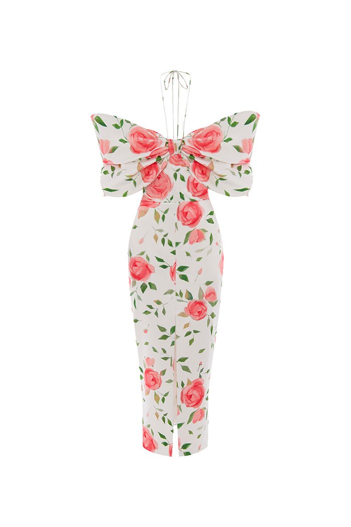 Rasario Bow-Embellished Midi Printed Satin Dress