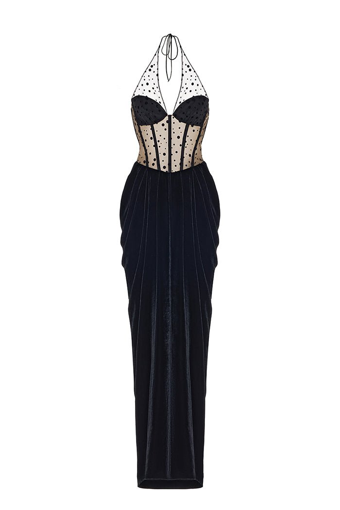 Rasario Corset Velvet And Polka-Dot Mesh Draped Maxi Dress
