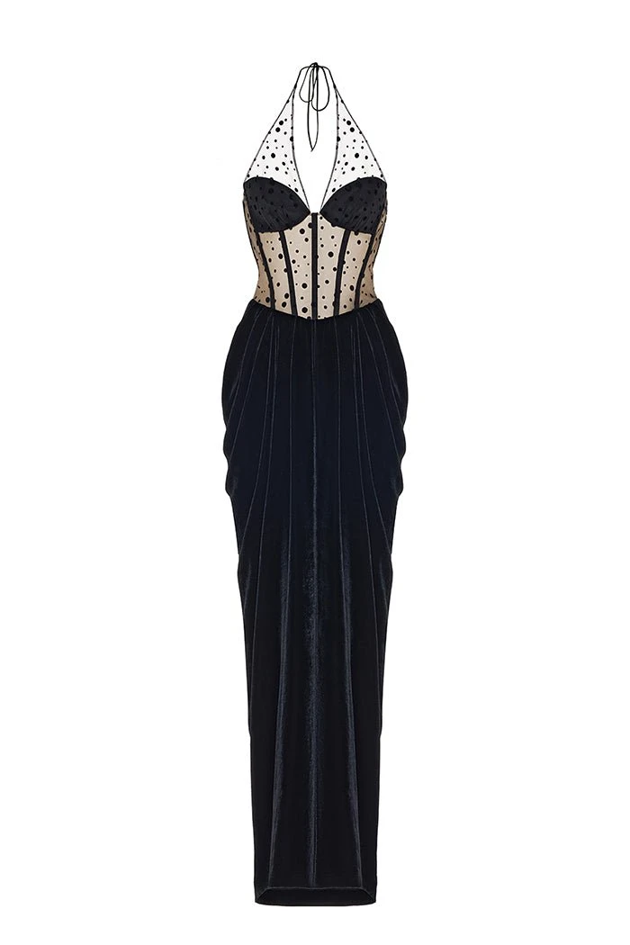 Rasario-Corset-Velvet-And-Polka-Dot-Mesh-Draped-Maxi-Dress Rasario Corset Velvet And Polka-Dot Mesh Draped Maxi Dress