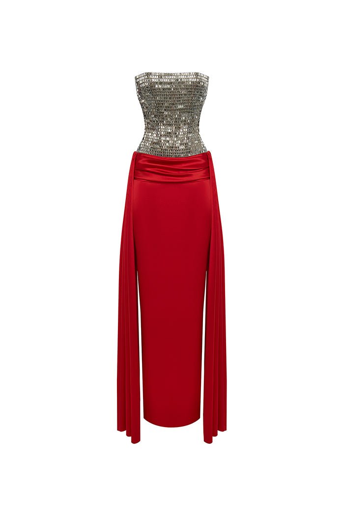 Rasario Crystal Embellished Corset Satin Gown With A Train