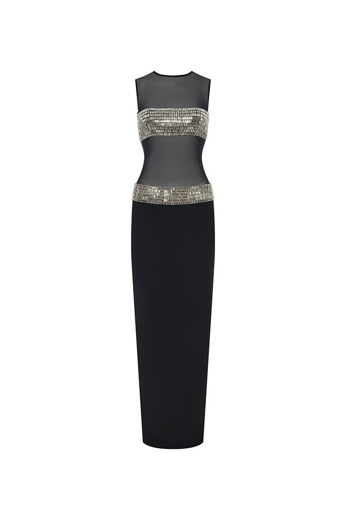 Rasario Crystal Embellished Crepe And Mesh Maxi Dress