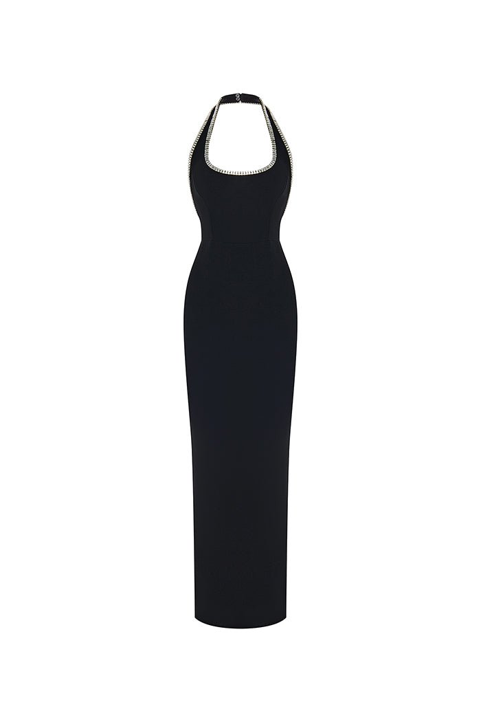 Rasario Crystal Embellished Crepe Maxi Dress With A Slit